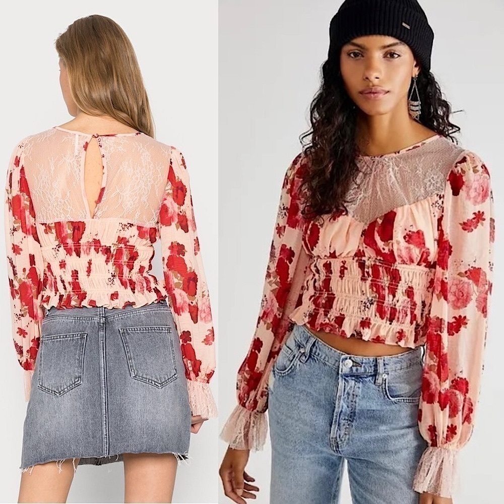 FREE PEOPLE Floral Lace Trim Ruffle Smocked Coquette Fairy Cottagecore Top XS